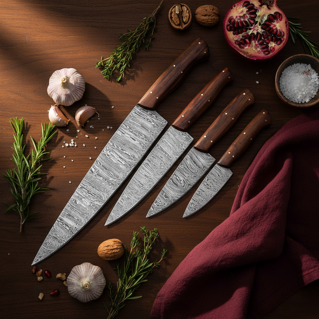Rosewood Damascus Kitchen Knife Set – 4 Piece