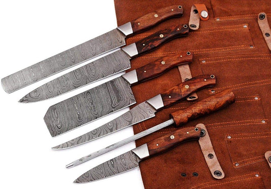 Aurelios Edge 6-Piece Damascus Kitchen Knife Set with Rosewood Handle & Leather Roll