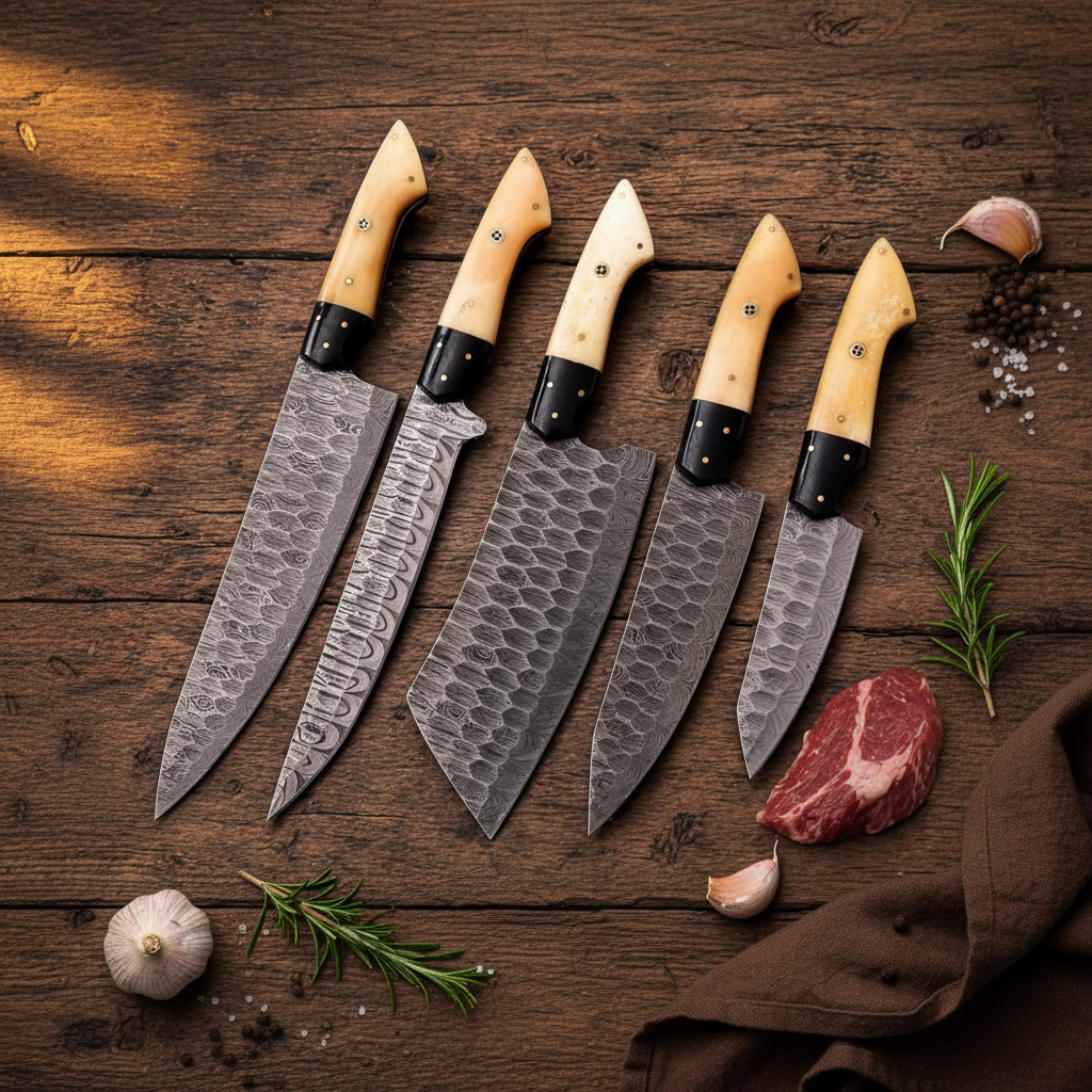 Hornbone Damascus Kitchen Knife Set – 5 Piece
