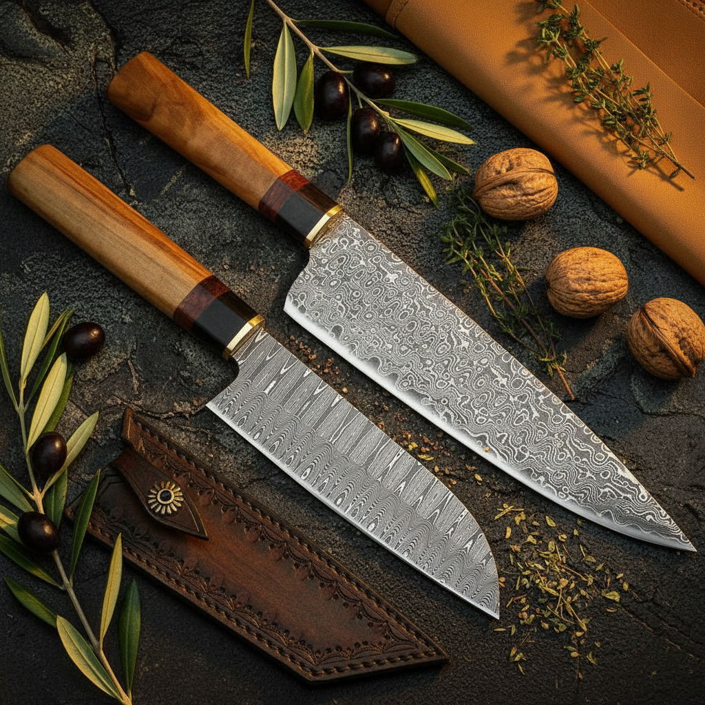 Brassgrove Damascus Chef & Santoku Knife Set – 2 Piece