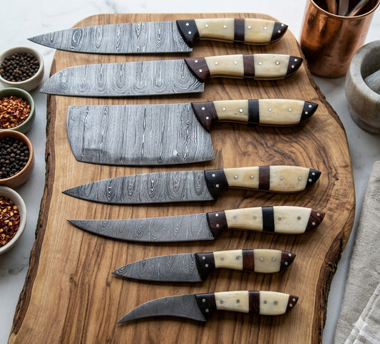 7 Pcs Damascus Steel Kitchen Knife Set – Bone & Rosewood Handle