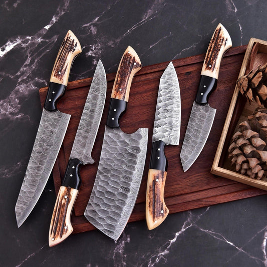 5 Pcs Hand Forged Damascus Steel Kitchen Knife Set – Antler Horn & Black Buffalo Horn Handle